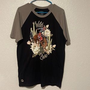 Tshirt black with grey short sleeves “wild ride” saying with roses and catus
